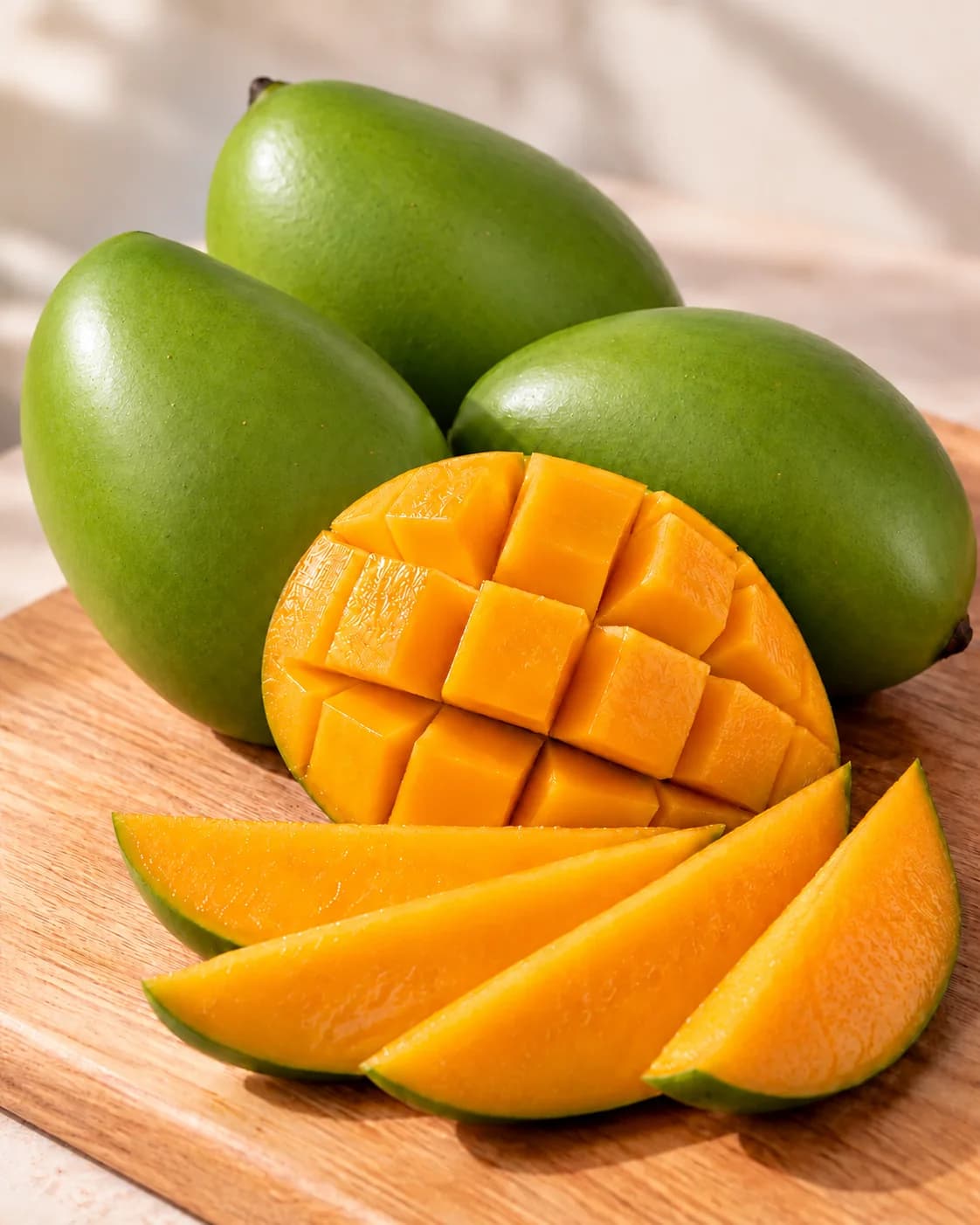 Mangga matang berkulit halus dengan potongan daging kuning-oranye